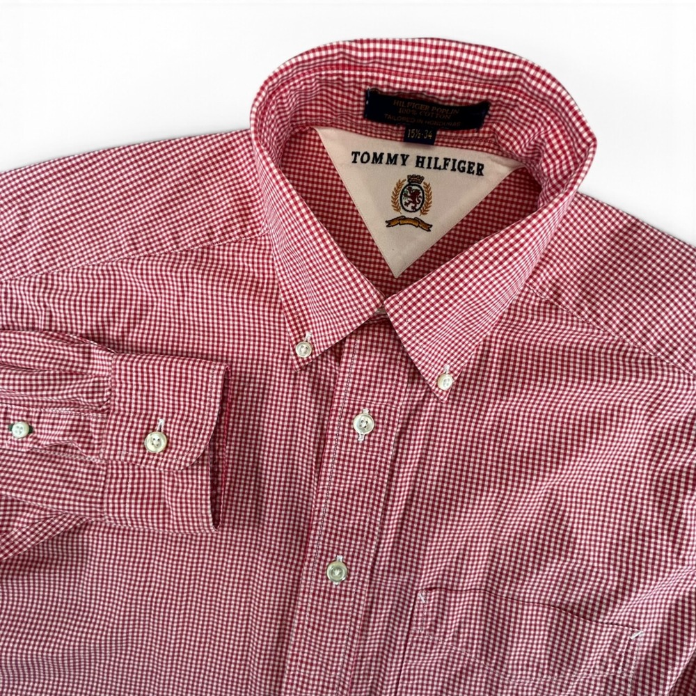 Tommy Hilfiger Vintage Red Gingham Poplin Button Down Shirt Mens 15.5 34